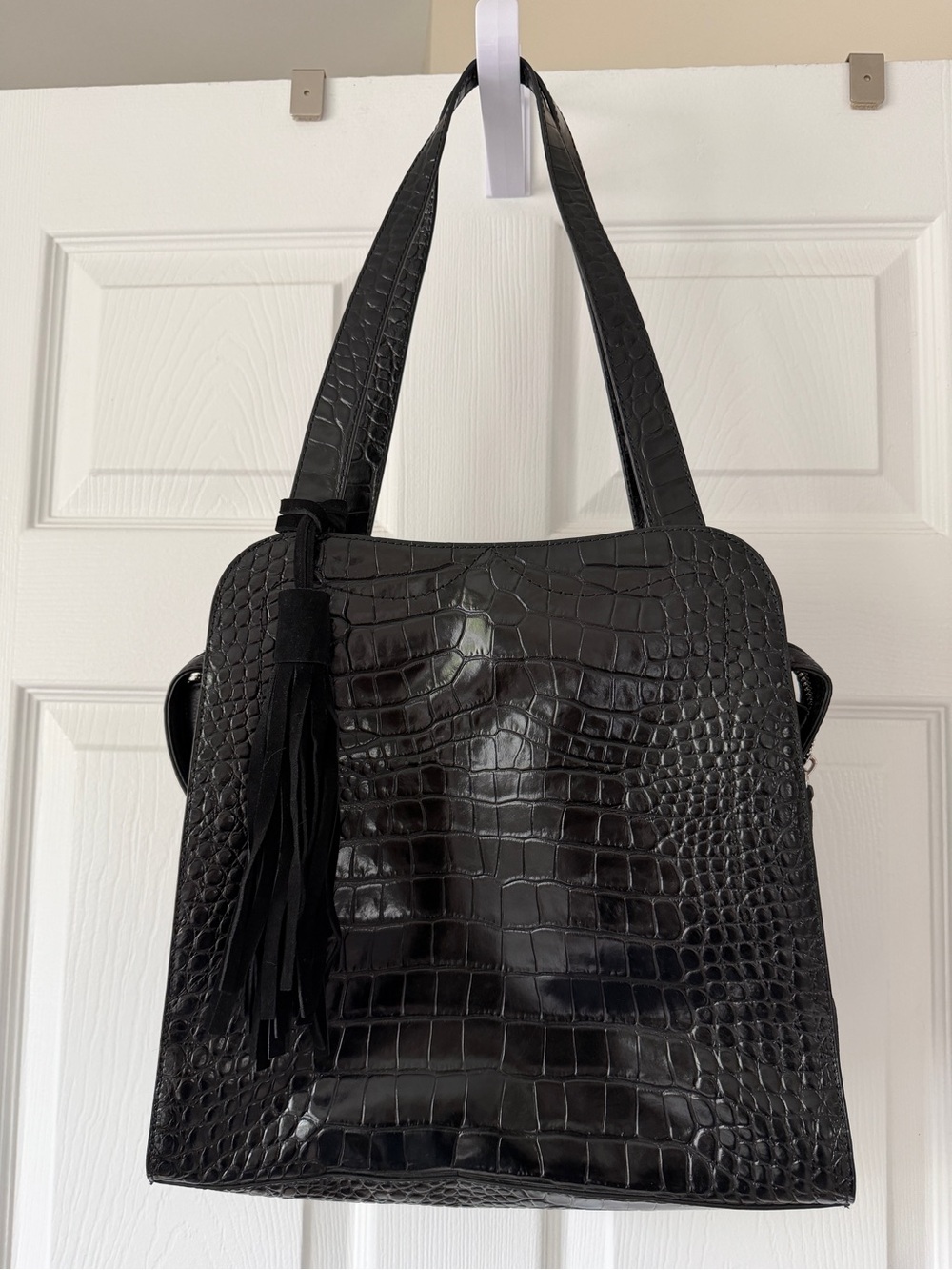 Vince Camuto Black Croc-Embossed Shoulder Bag with Tassel